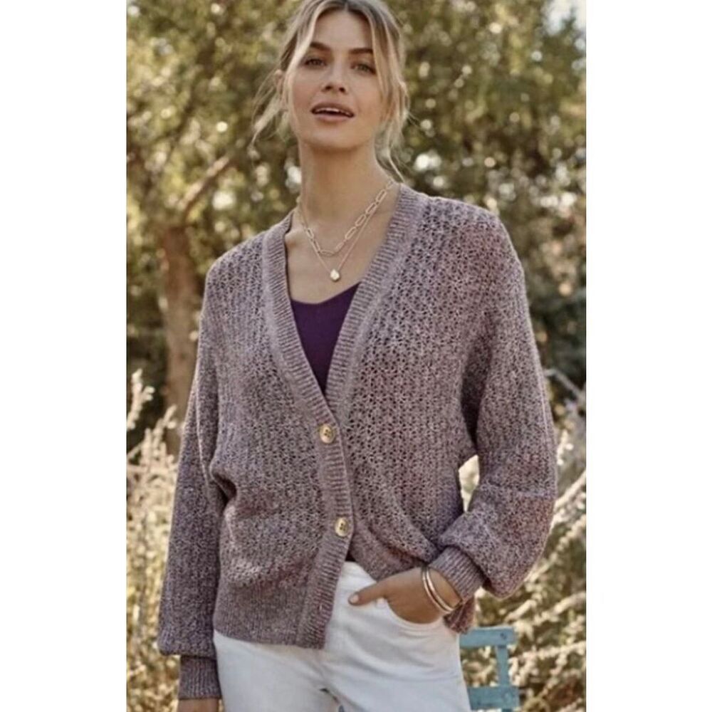 J. Jill Mixed Color Textured Cotton Knit V-Neck Cardigan Pink, Green Size L